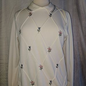Rose embroidered collared crew neck sweater.